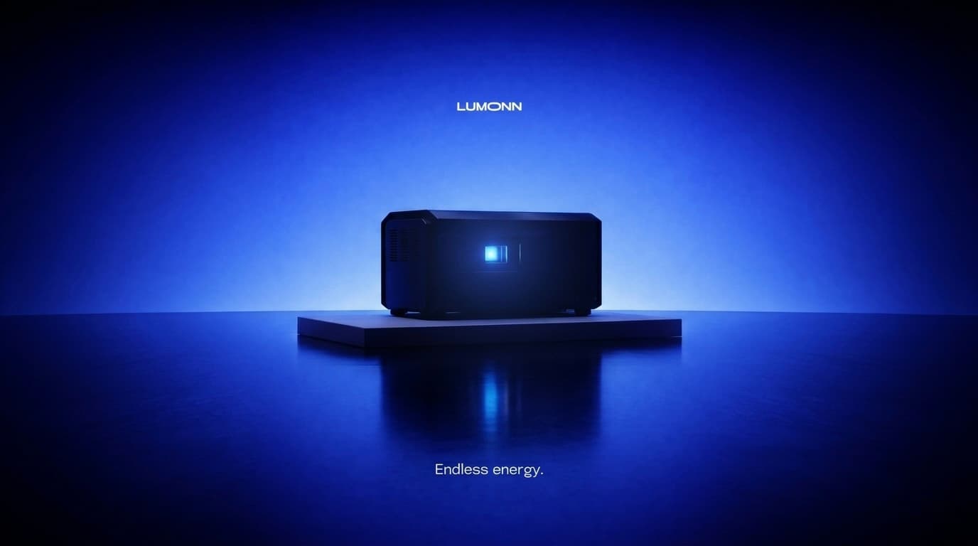 Lumonn LENR module on a cobalt-lit pedestal — Endless energy.